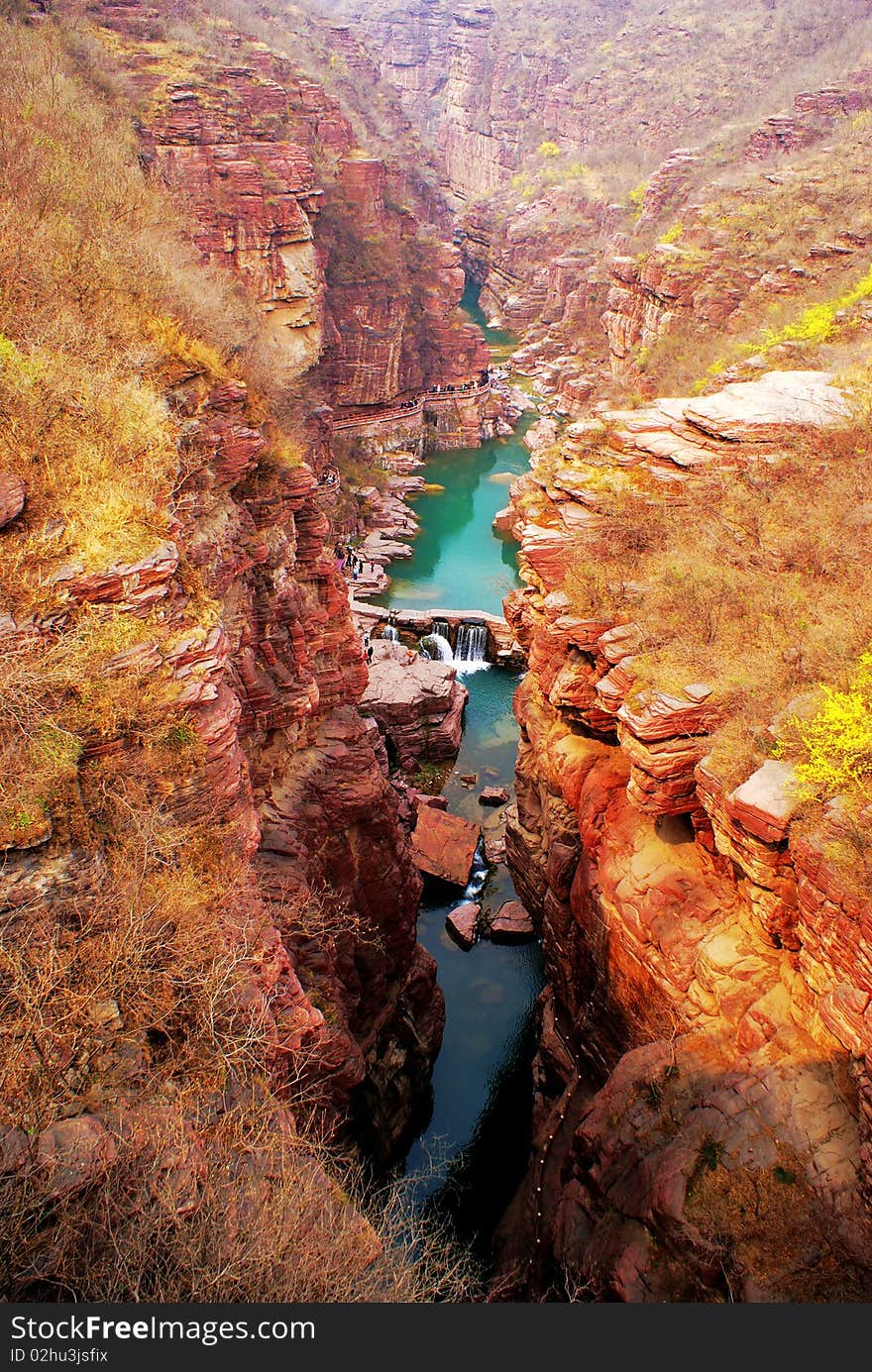 Bird view of red stone canyon which is a famous tourist attrction in Henan province china