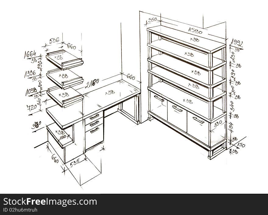 Modern Interior Design Freehand Drawing.