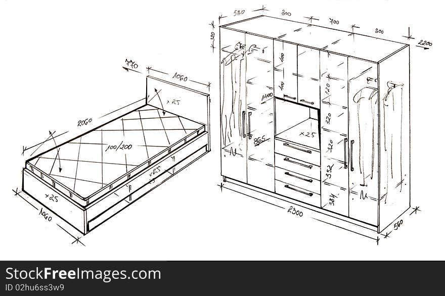 Modern Interior Design Freehand Drawing.