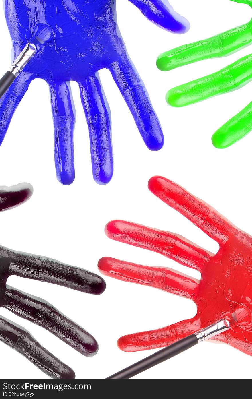 Painted palms on a white background, red green blue and black