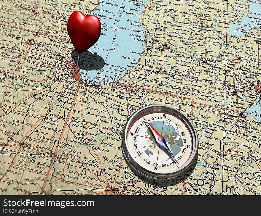 On a map, a compass doesn't indicate the magnetic north, but a  heart-shaped pin nailed on a city. On a map, a compass doesn't indicate the magnetic north, but a  heart-shaped pin nailed on a city.