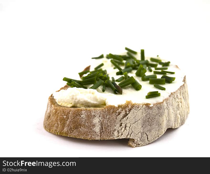 Bread with curd on white isolated background