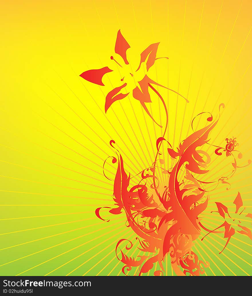 Floral background. Green, red and yellow