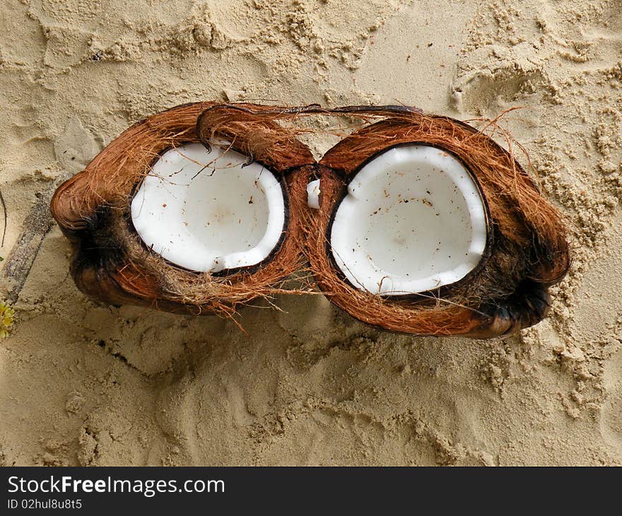 Two halves of a coconut on the beach. Two halves of a coconut on the beach