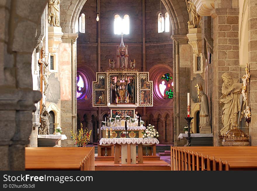 Gothic cathedral interior with altar in Trebic, Czech Republic. Gothic cathedral interior with altar in Trebic, Czech Republic