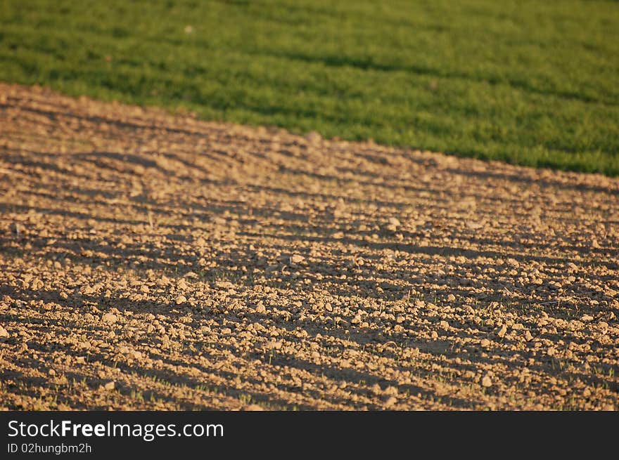 Empty newly ploughed agricultural field in spring