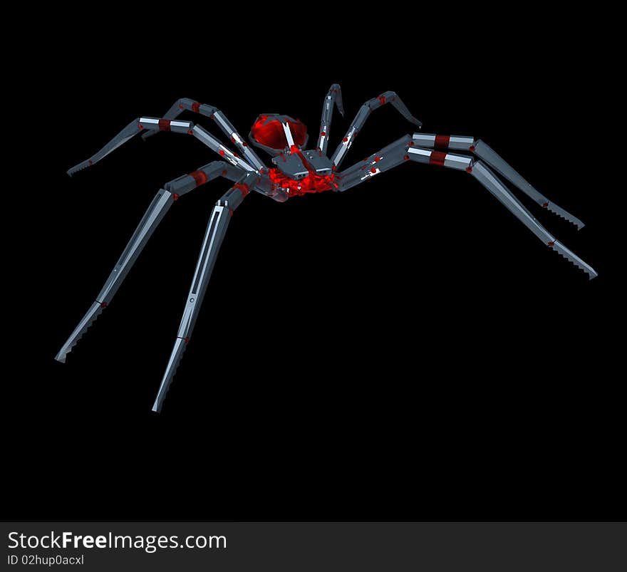 3D metal spider with a glass panel on black. 3D metal spider with a glass panel on black.