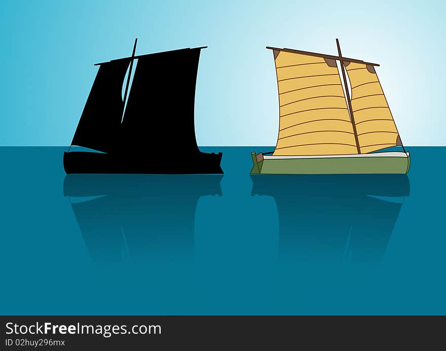 Stylized asian boat and its silhouette