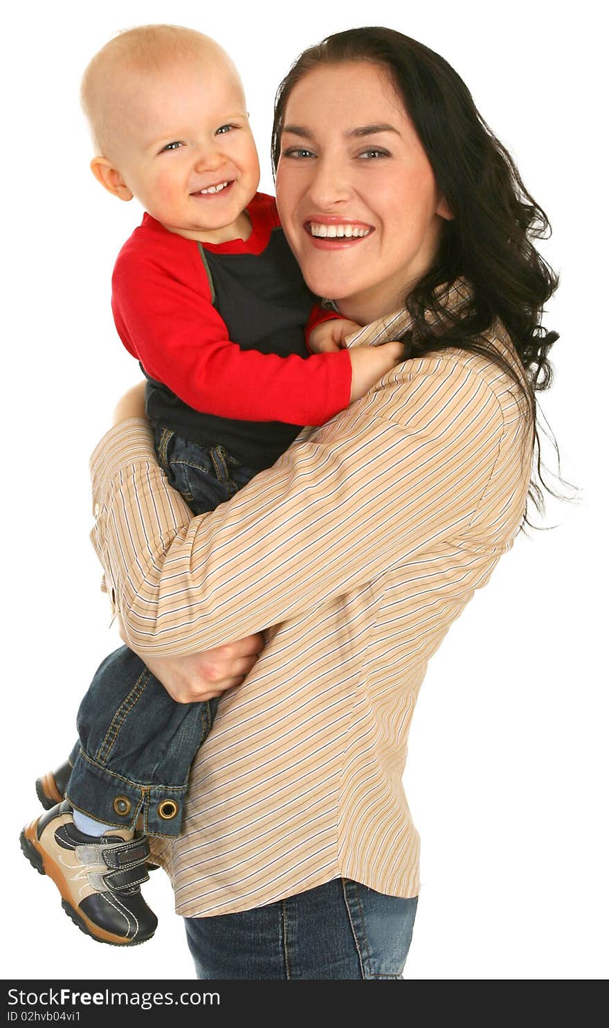 Happy mother with little son on white background