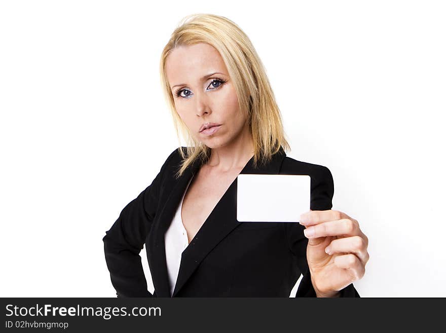 Successful lady showing her business card. isolated on white