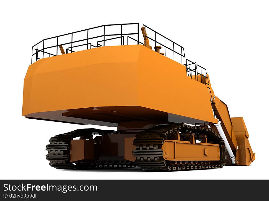 Orange industrial digger isolated on white. Back view