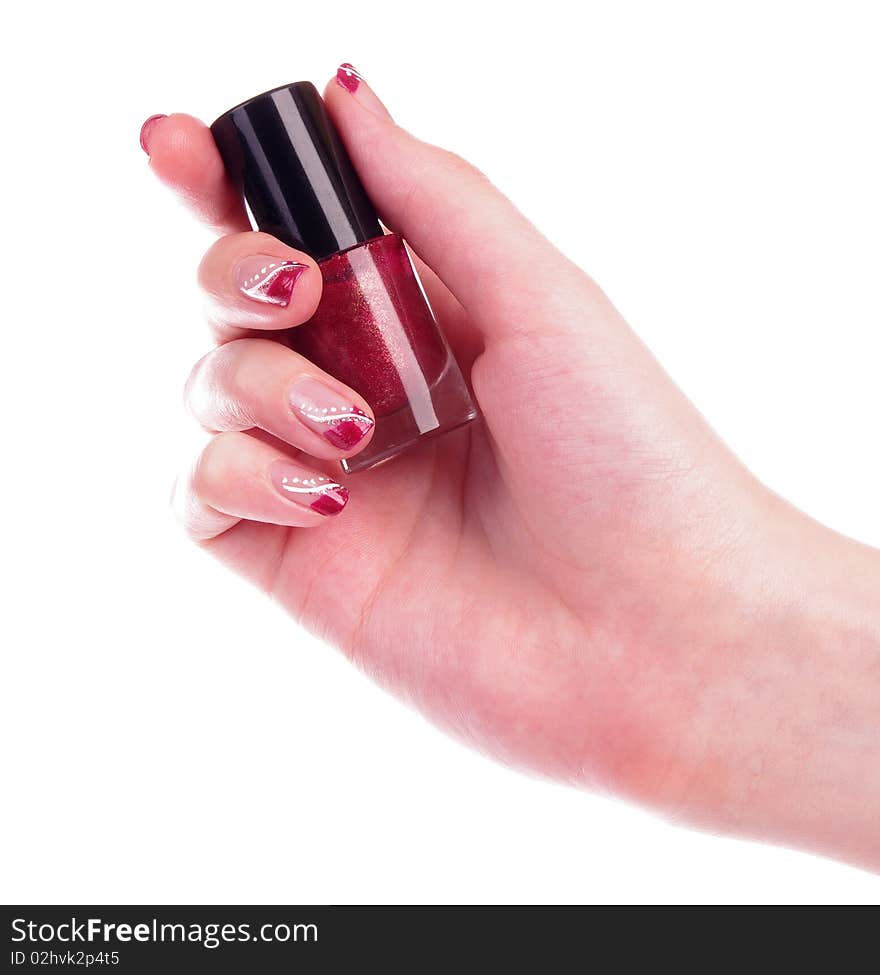 Red Nail Polish In Human Hand