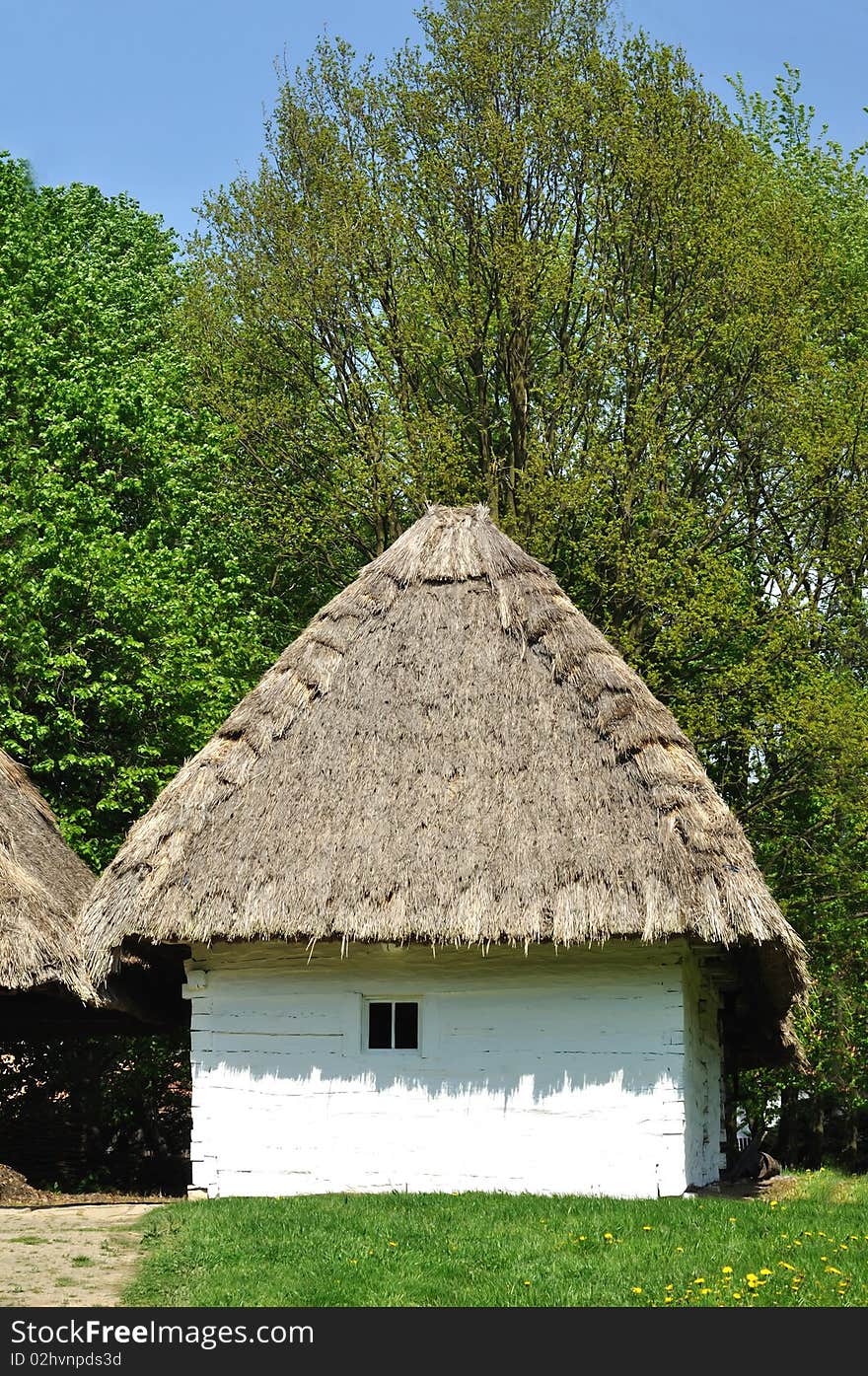 Old house with roof from straw in wood, cottage from Czech republic. Old house with roof from straw in wood, cottage from Czech republic