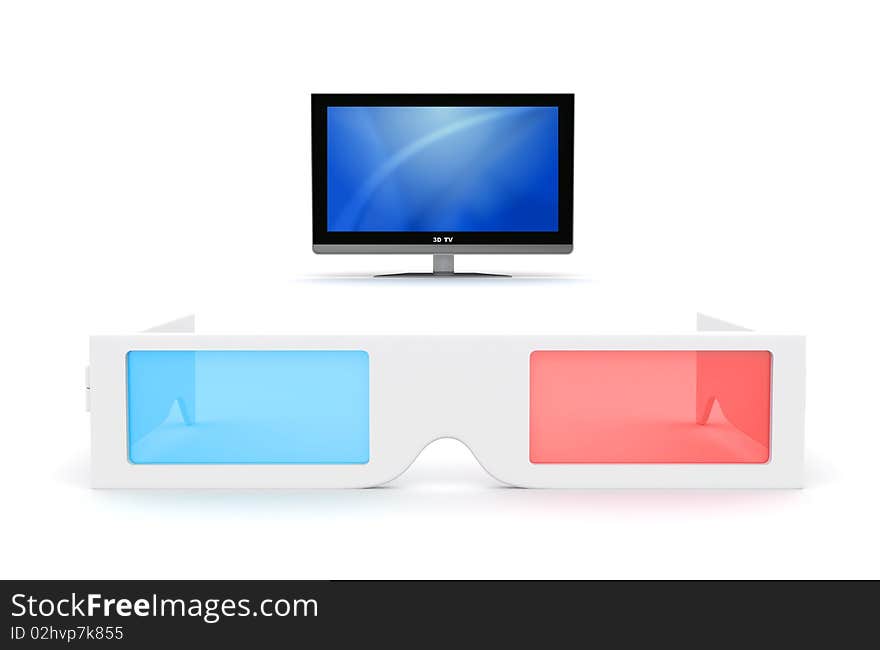 3-D Glasses and 3-D lcd monitor isolated on white. 3-D Glasses and 3-D lcd monitor isolated on white