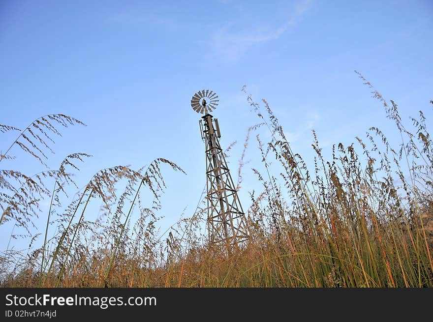 Windmill Cellular Wireless Telecommunication Tower with Antennas in Overgrown Vegetation Field. Windmill Cellular Wireless Telecommunication Tower with Antennas in Overgrown Vegetation Field