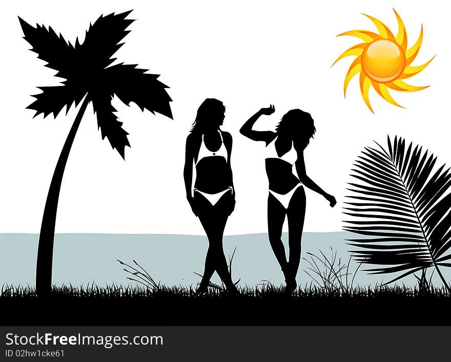 Bikini woman with tropical scene vector. Bikini woman with tropical scene vector