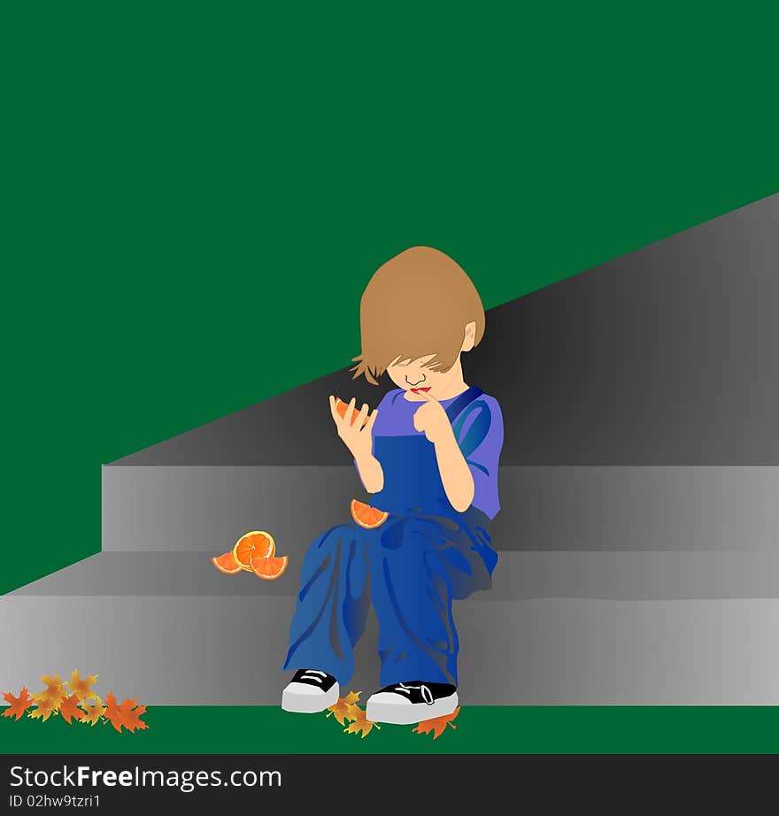 Child sitting on steps, thinking with an orange in her hand and looking at orange in her lap. Child sitting on steps, thinking with an orange in her hand and looking at orange in her lap....