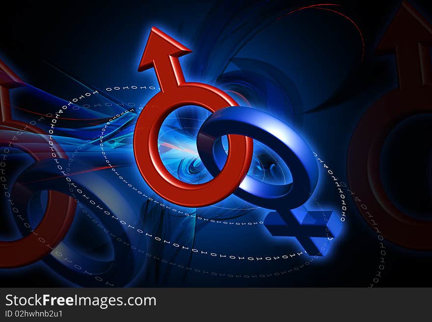 Digital illustration of male and female sign in color background