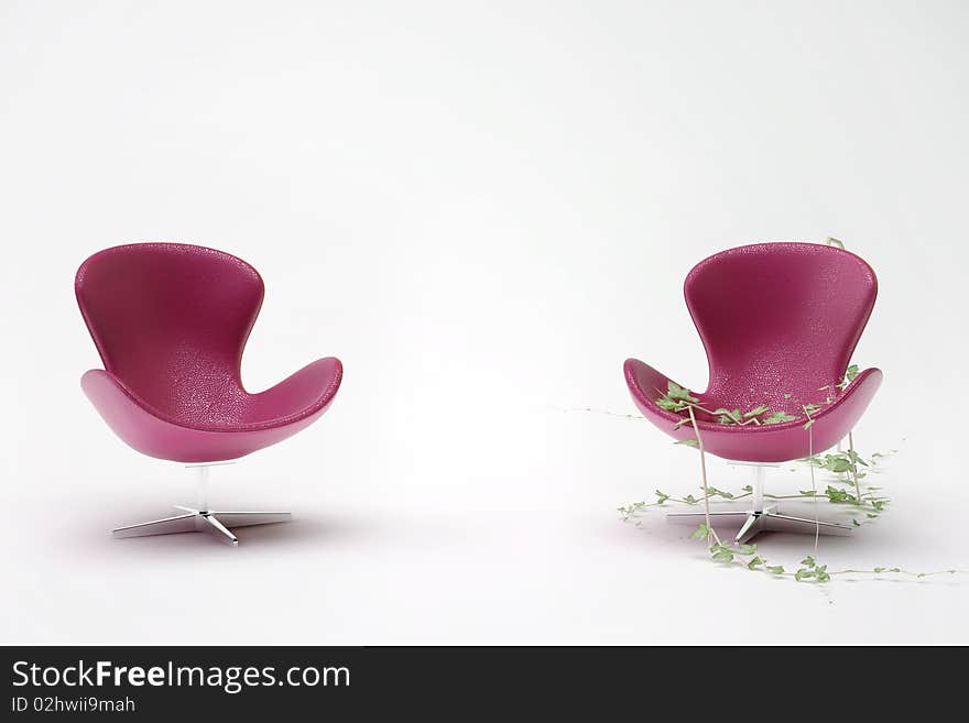 Two purple leather chair entwined with ivy on a white background