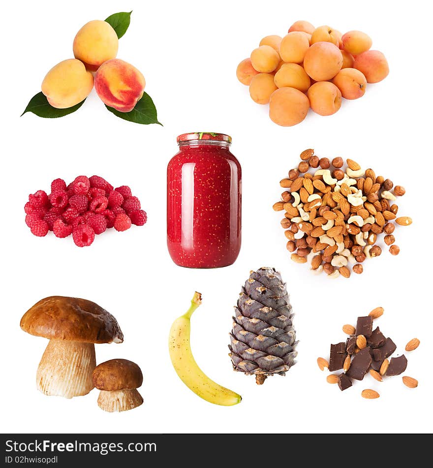 Collection of ripe berry fruits nuts mushroom