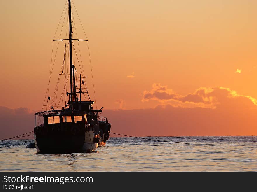 The ancient ship in the sea