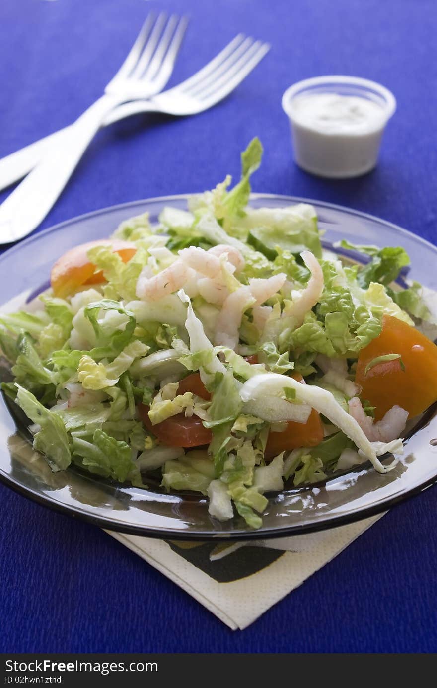 Fresh salad with shrimp and tomato on plate