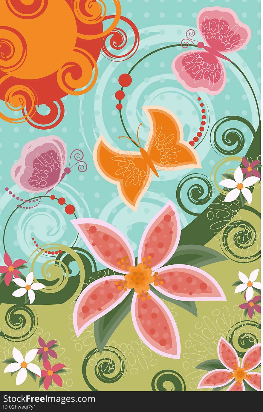 Invitation card with butterflies, flowers and sun. Invitation card with butterflies, flowers and sun