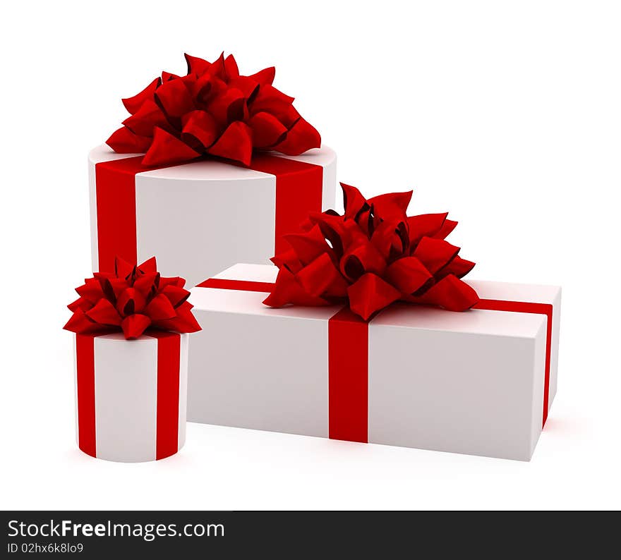 White gifts with red ribbons and bows isolated. White gifts with red ribbons and bows isolated