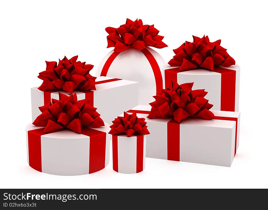 White gifts with red ribbons and bows isolated