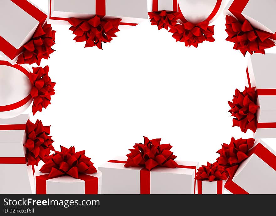 White gifts with red ribbons and bows frame. White gifts with red ribbons and bows frame