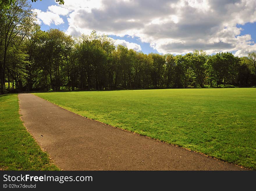 A lush green park on a bright sunny day. A lush green park on a bright sunny day