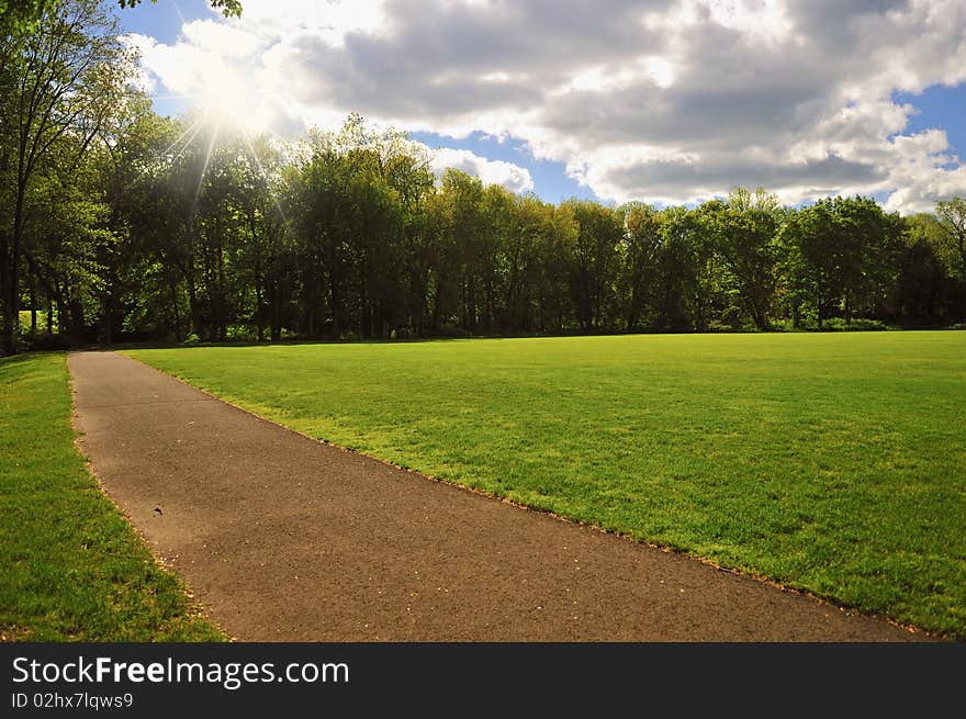 A lush green park on a bright sunny day. A lush green park on a bright sunny day