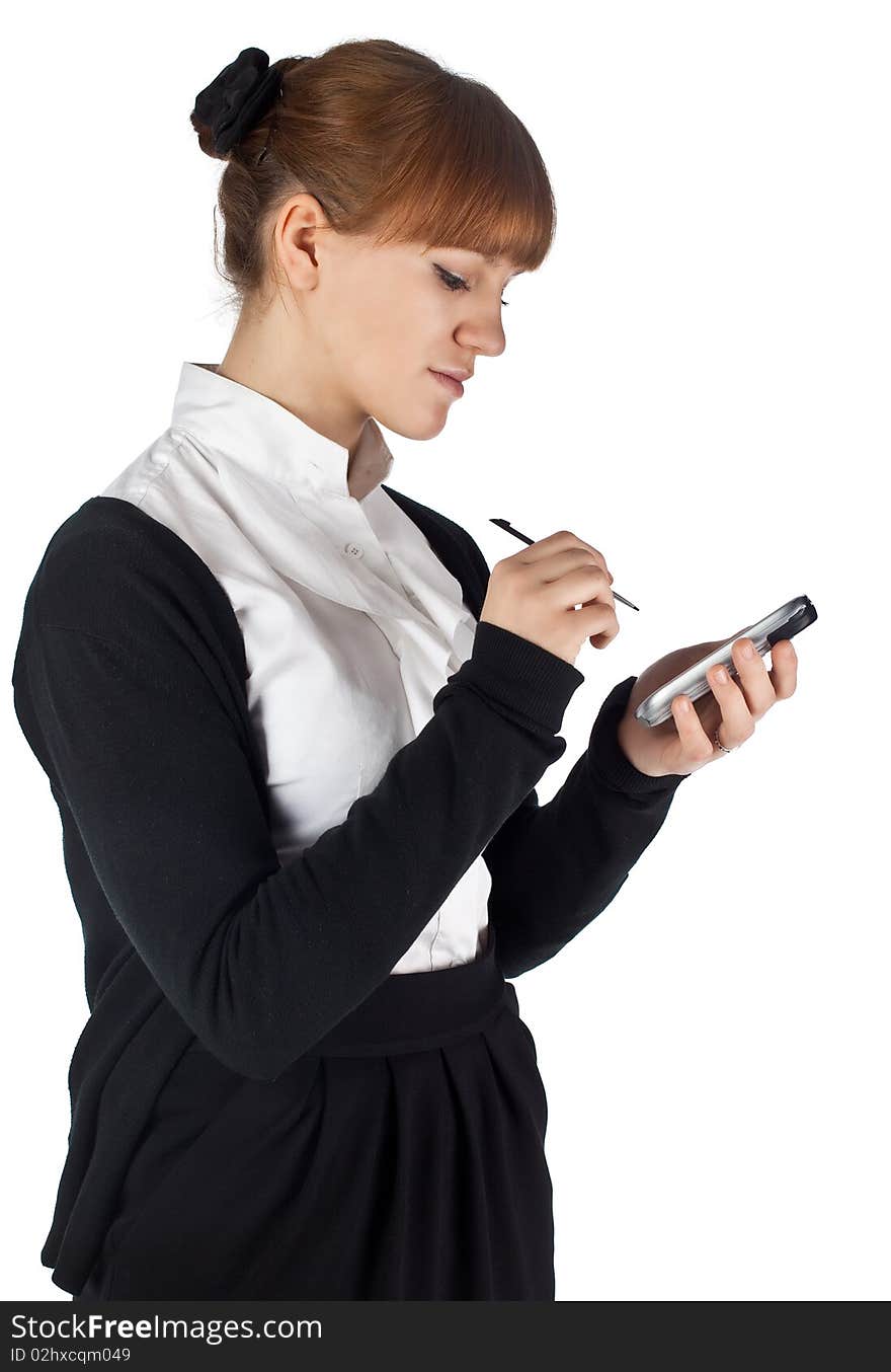 Female using mobile organiser isolated on white background. Female using mobile organiser isolated on white background