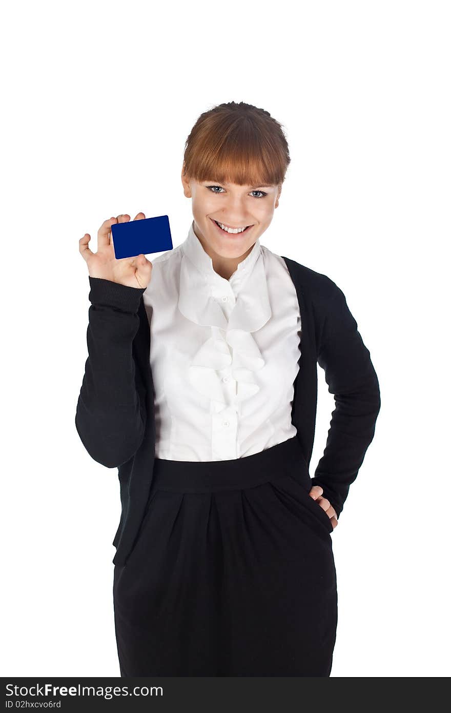 Young businesswoman hold business card. Young businesswoman hold business card