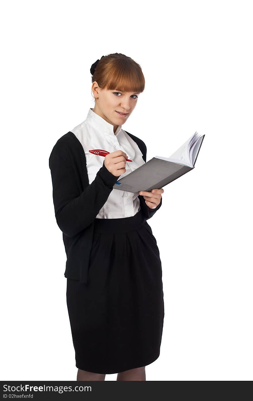 Female writing in organiser isolated on white background. Female writing in organiser isolated on white background