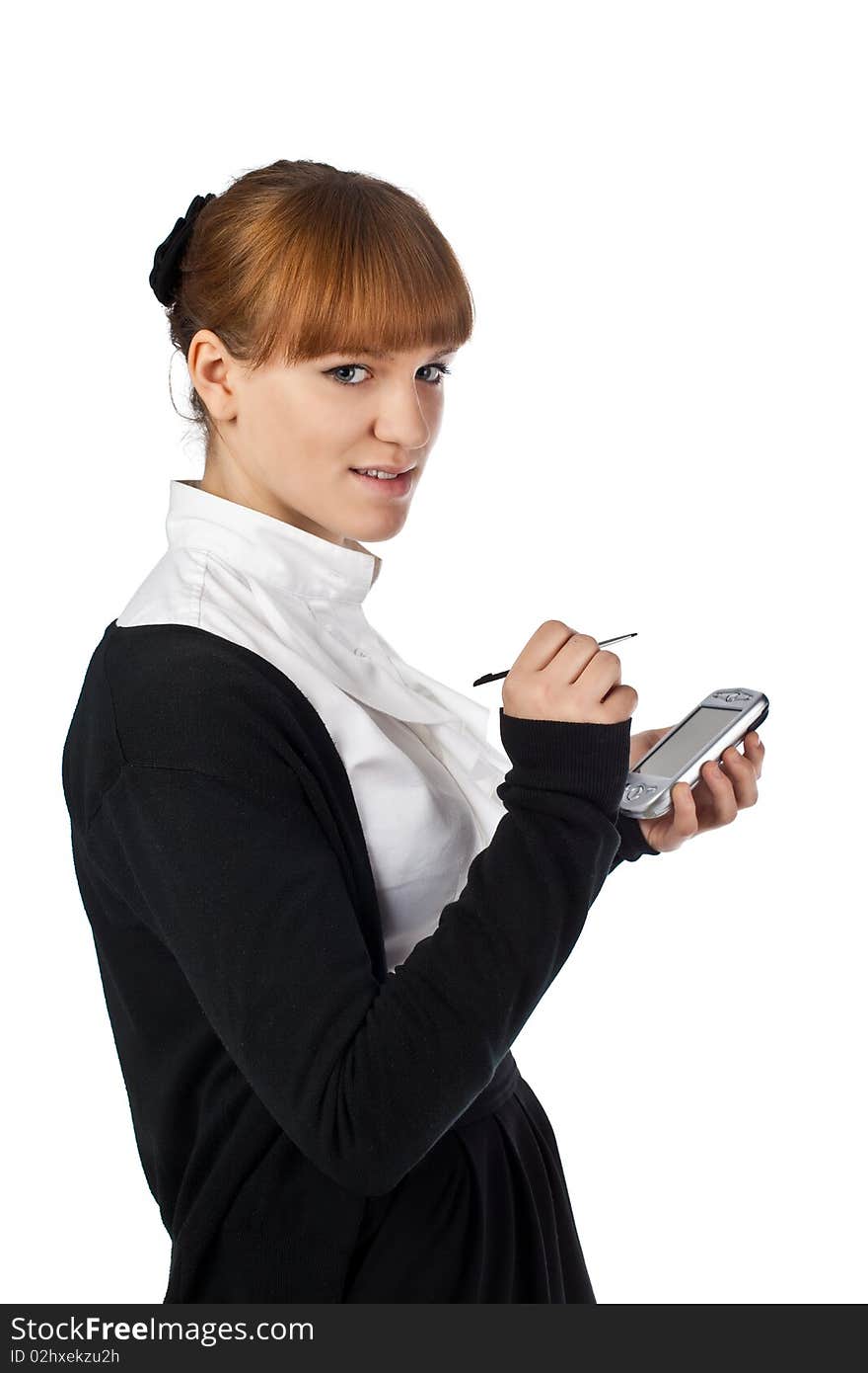 Female using mobile organiser isolated on white background. Female using mobile organiser isolated on white background