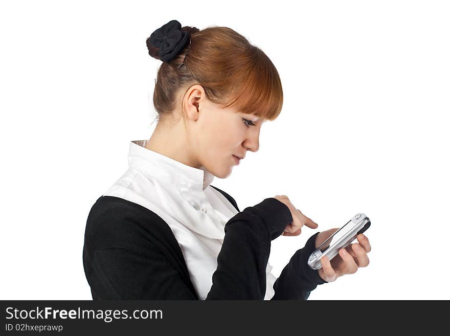 Female using mobile organiser isolated on white background. Female using mobile organiser isolated on white background