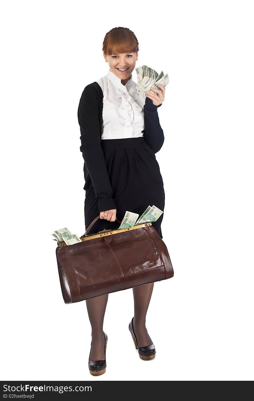 Young businesswoman with full cash bag. Young businesswoman with full cash bag