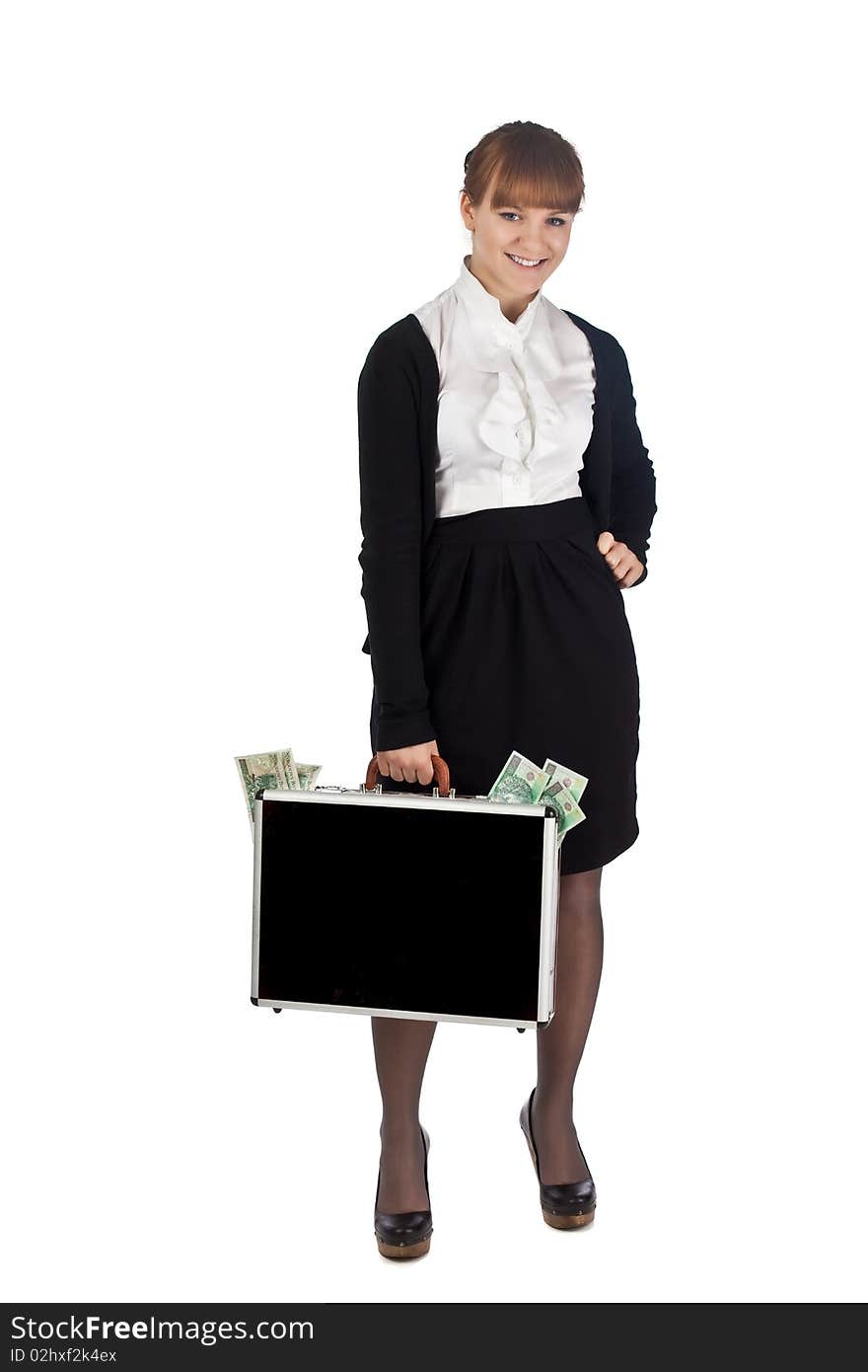 Image of a woman holding a briefcase overflowing with money. Image of a woman holding a briefcase overflowing with money