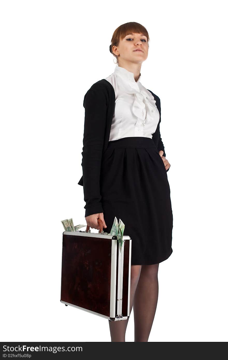 Image of a woman holding a briefcase overflowing with money. Image of a woman holding a briefcase overflowing with money