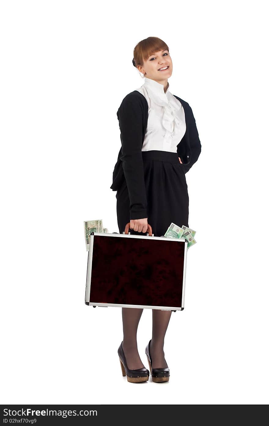 Image of a woman holding a briefcase overflowing with money. Image of a woman holding a briefcase overflowing with money