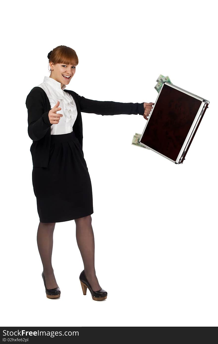 Image of a woman holding a briefcase overflowing with money. Image of a woman holding a briefcase overflowing with money