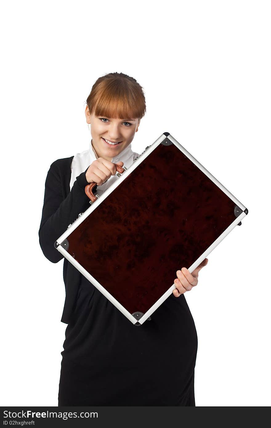 Image of a woman holding a briefcase isolated on white background. Image of a woman holding a briefcase isolated on white background