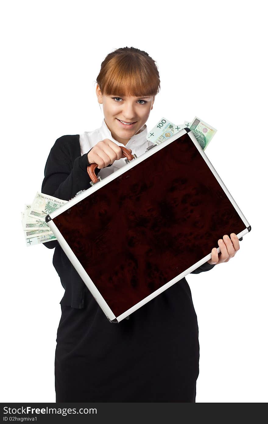 Image of a woman holding a briefcase overflowing with money. Image of a woman holding a briefcase overflowing with money