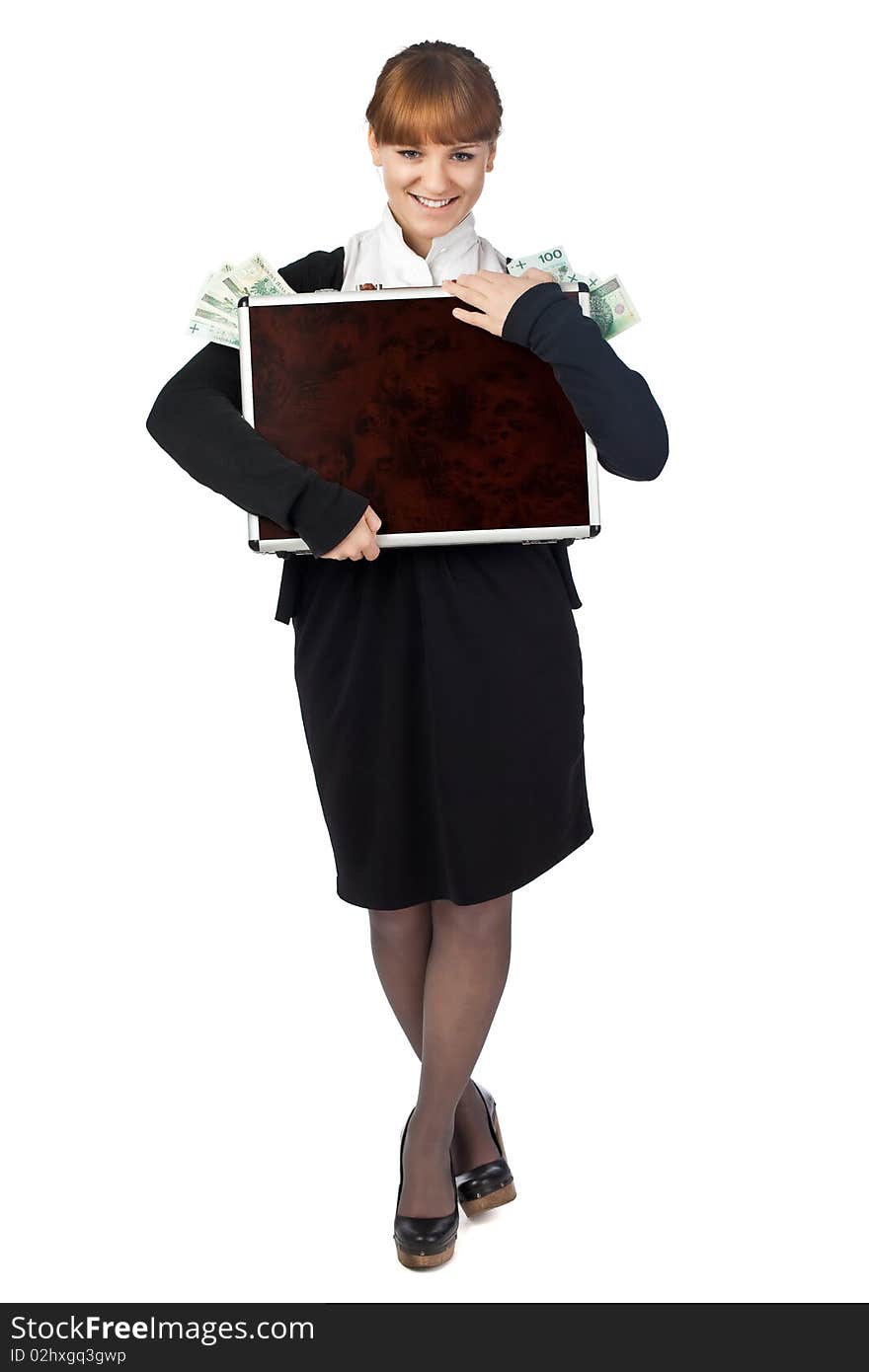 Image of a woman holding a briefcase overflowing with money. Image of a woman holding a briefcase overflowing with money