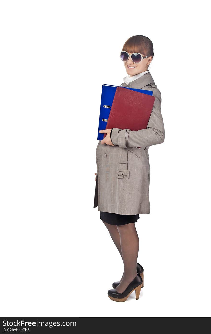 Businesswoman with book in black suit isolated on white background. Businesswoman with book in black suit isolated on white background