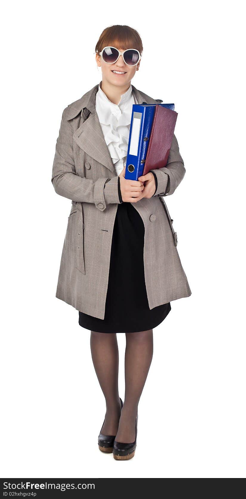 Businesswoman with book in black suit isolated on white background. Businesswoman with book in black suit isolated on white background