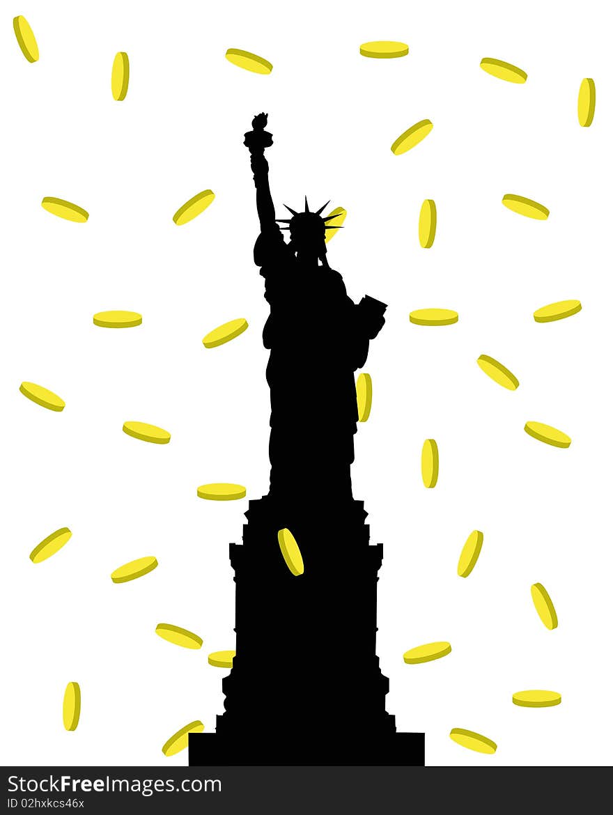 Vector silhouette of a Statue of Freedom on a background of gold coins. Vector silhouette of a Statue of Freedom on a background of gold coins