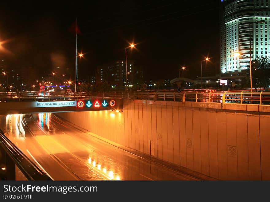 Blurred Motion of Car Lights on Highway at Night. Blurred Motion of Car Lights on Highway at Night