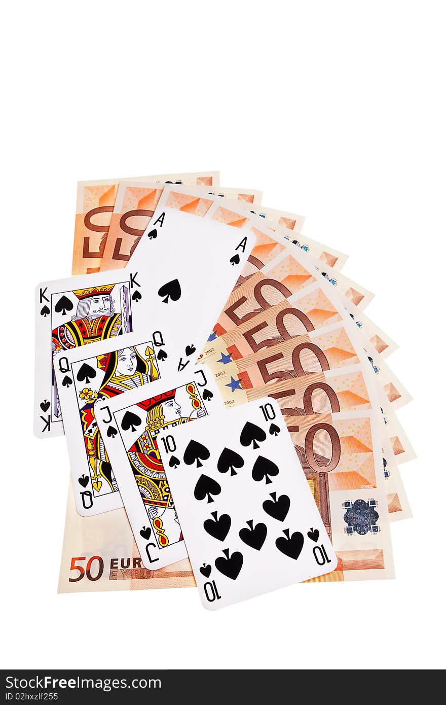 Spades cards and 50 Euro banknotes.